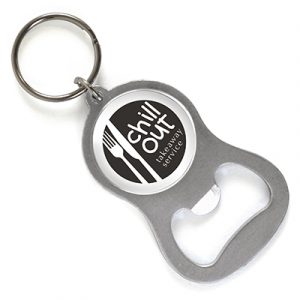 Metal keyring and bottle opener with metallic finish.