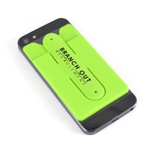 Combination phone pocket and stand, attaches to a phone to store cards and doubles as a stand. Made of silicone and available in various colours.