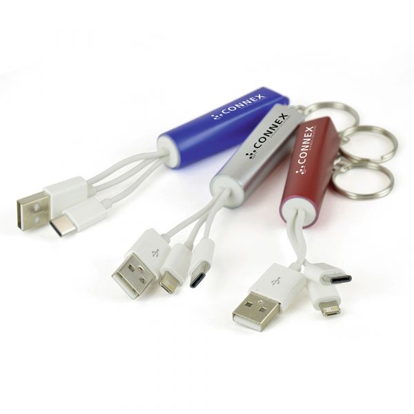 Plastic 3-in-1 light-up charger keyring. Engraving lights up when plugged in! Adaptors include: USB, type C and reversible 5 pin (Apple) and micro USB (android). Available in Blue, Red, Silver.