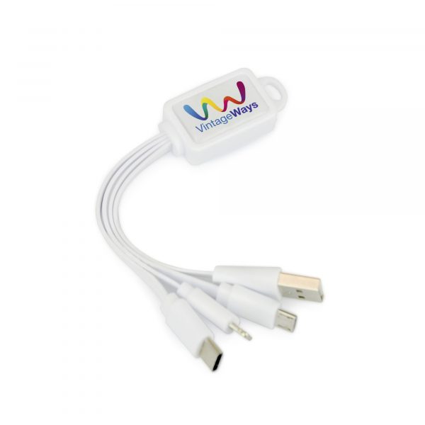 You can now have multiple device charging cables all on one cable with this plastic keyring. Includes a USB, 5 pin, type C android and micro USB connectors. Available in white.