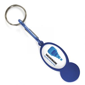 Oval shaped aluminium trolley coin (round style), detachable carabiner clip and split ring.