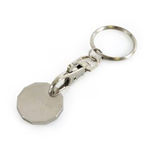 Metal 12-sided trolley coin keyring with detachable trigger clip and split ring attachment. Available with multi-colour imprints on both sides of the coin. 'Express Option Available'.