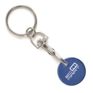 Round metal trolley coin keyring with detachable carabiner clip and split ring attachment.