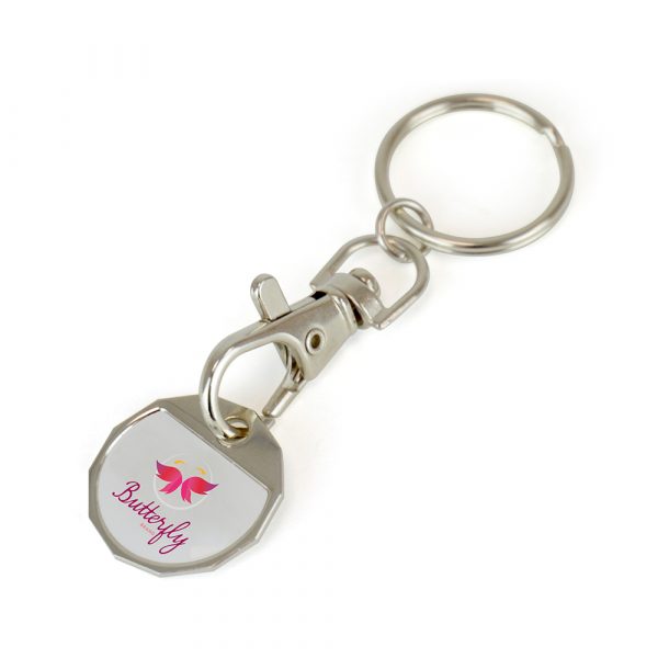 Elimate the stress of shopping with this hassle free trolley coin keyring. Nickel plated with standard hook and split ring attachment.