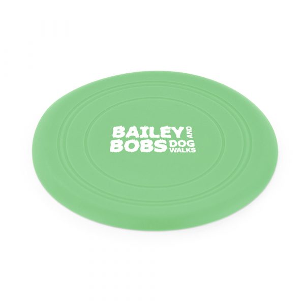 Soft silicone plastic flying disc dog toy with light upturned edges; slim, lightweight and flexible. Ideal for vets, dog walking services or doggy day care. Available in Pantone colours to match your brand.