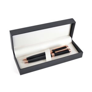 The Lysander Rose Gold Ball Pen and Pencil housed in the Hi-Line Gift Box Price includes a 1 colour print to both Ball Pen and Pencil. Box lid can be printed at an extra cost