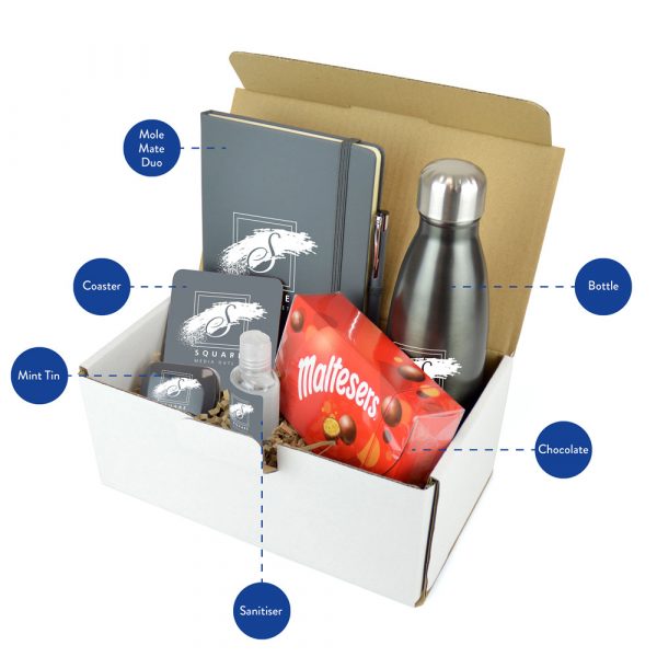 A premium gift set combining core branded merchandise and confectionary - a sweet spot for any marketing campaign! Each set includes the Ashford Bottle, Mole Mate Notebook & Pen, Coaster, Mints, 55ml Hand Sanitiser and chocolates. Available in a range of colours.