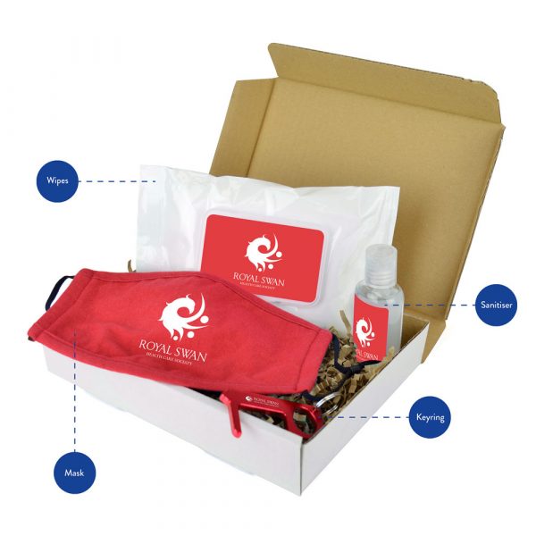 Help keep your employees and customer's safe with this handy, 4 item hygiene pack. The contents include a reusable, 3 ply 130gsm face covering which is 100% cotton with adjustable toggles for comfort. The Hygiene Key to avoid touching common surfaces such as touch screens and door handles, a pocket sized 55ml Sanitiser and a re-sealable case of 30 Antibacterial Wipes.