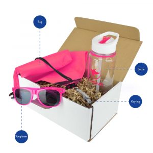 Keep your brand cool this summer with a merch box full of treats! This branded promo pack includes an 800ml Tritan sports bottle for keeping hydration levels in check, Sunglasses, Bottle Opener Keyring and a lightweight Drawstring Bag.