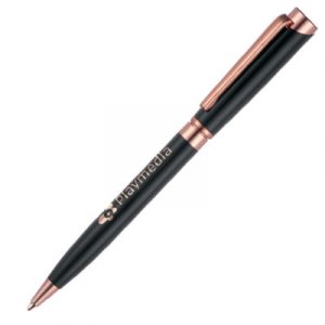 An elegant twist action pen in high gloss with Rose Gold Trim. Pen can be engraved to show Rose Gold at am additional cost.