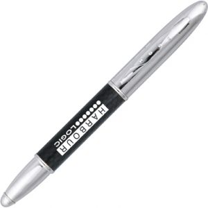 A modern-look, capped roller pen with a carbon fibre barrel. Can be supplied on its own or as a set with the matching ball pen.