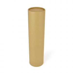 Drinkware presentation tube with recycled wood pulp cardboard tube and push on lid.