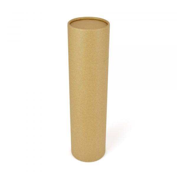 Drinkware presentation tube with recycled wood pulp cardboard tube and push on lid.