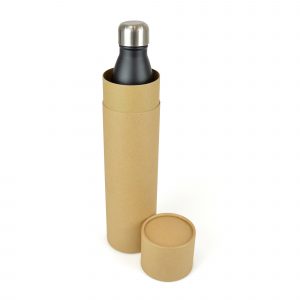 Drinkware presentation tube with recycled wood pulp cardboard tube and push on lid.