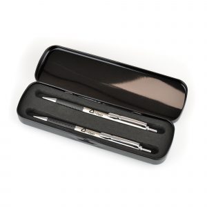 A Kyron ball pen and pencil supplied in a hinged metal gift box. Price shown is for both writing instruments printed (same design/colour on each writing instrument).