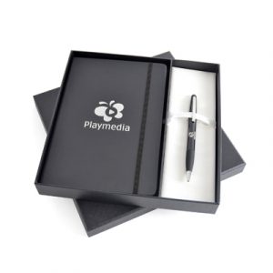 2-in-1 A5 Mole Notebook and pen in a purpose made gift box The notebook has 80 lined sheets, back pocket, pen loop, elastic closure and bookmark. Choose from a great selection of pens to complete the set.