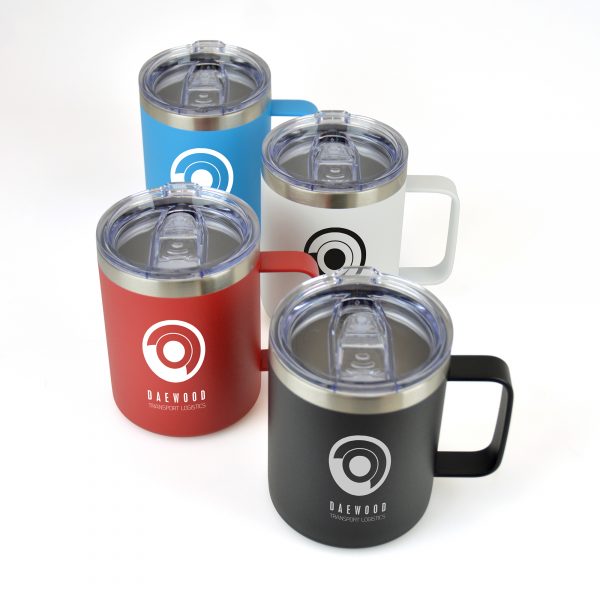 350ml double walled stainless steel travel mug with integrated handle, secure clear AS plastic push on lid and a sliding sip0per to prevent spills on the go. BPA & PVC free. Available in 5 colours.