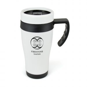 400ml double walled, stainless steel travel mug with matt white finish and contrasting black trim. PP plastic interior, screw top lid and secure slide sipper. BPA & PVC free.