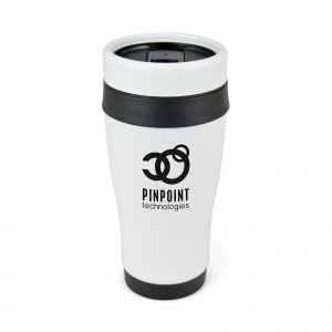 400ml double walled tumbler made from stainless steel with a matt white finish and contrasting black trim. PP plastic interior, screw top lid with secure slide slipper. BPA & PVC free.