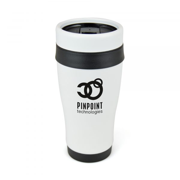 400ml double walled tumbler made from stainless steel with a matt white finish and contrasting black trim. PP plastic interior, screw top lid with secure slide slipper. BPA & PVC free.