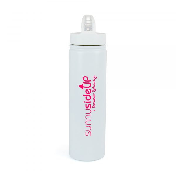 580ml double walled white stainless steel drinks bottle with AS plastic fold down sipper, PE plastic straw and PP plastic screw on lid. BPA & PVC free.