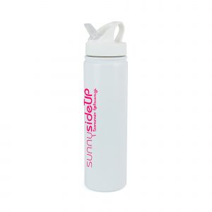 580ml double walled white stainless steel drinks bottle with AS plastic fold down sipper, PE plastic straw and PP plastic screw on lid. BPA & PVC free.