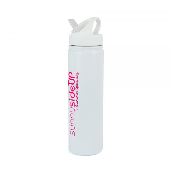 580ml double walled white stainless steel drinks bottle with AS plastic fold down sipper, PE plastic straw and PP plastic screw on lid. BPA & PVC free.