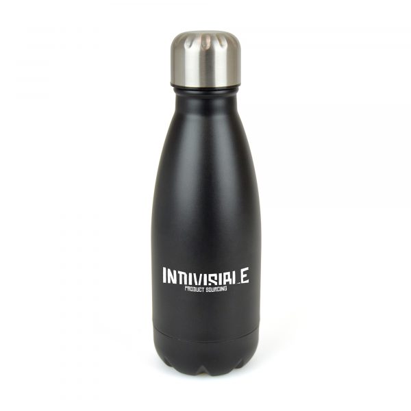 500ml singled walled stainless steel drinks bottle with a black powder finish and silver screw on lid (PP plastic lid inner). BPA and PVC free. Available in black.