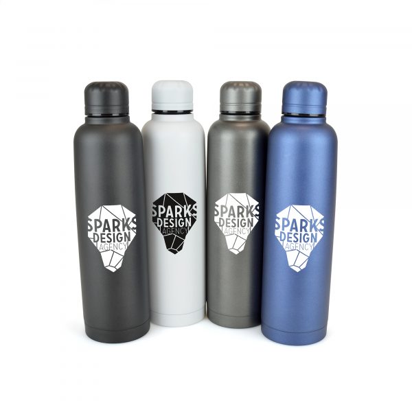 550ml double walled matt finish stainless steel drinks bottle with matching coloured lid. PP plastic lid inner. BPA & PVC Free.