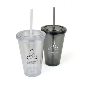 500ml double walled, AS plastic tumbler with matching straw and screw on lid. Straw not suitable for hot drinks. BPA free. Available in translucent black and clear.
