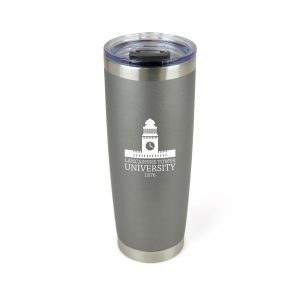 625ml double walled stainless steel travel mug with a clear screw on lid (AS plastic) with a black flip-up rubber stopper and drinking spout (PR plastic and TPR). Silver stainless steel accent to the top and bottom of the bottle. BPA & PVC free,