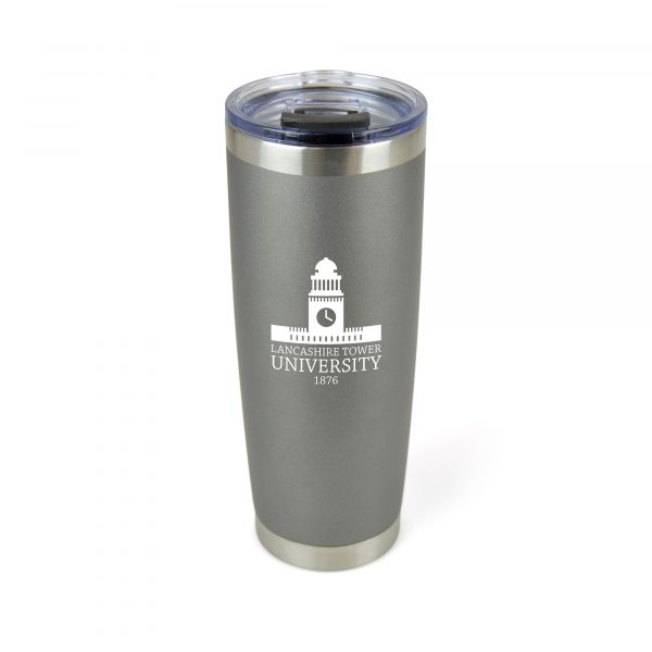 625ml double walled stainless steel travel mug with a clear screw on lid (AS plastic) with a black flip-up rubber stopper and drinking spout (PR plastic and TPR). Silver stainless steel accent to the top and bottom of the bottle. BPA & PVC free,