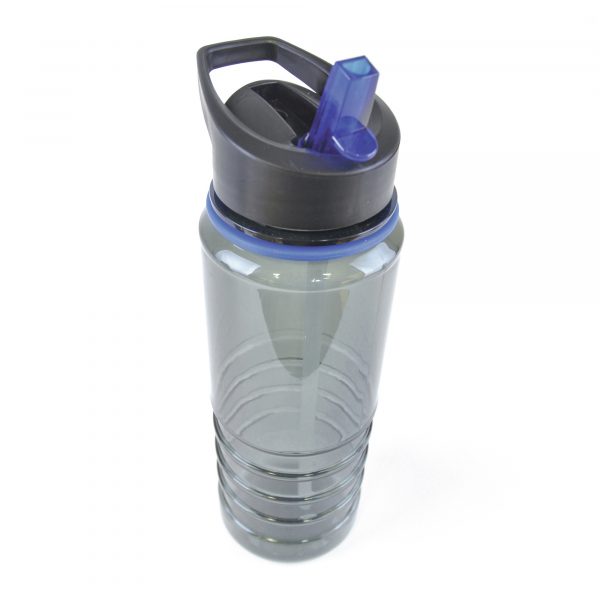 750ml single walled, transparent black, PET plastic drinks bottle with black PP plastic lid, PE plastic clear straw, coloured band and coloured AS plastic fold down sip mouth piece. BPA & PVC free. Available in 9 colours. This product replaces MG0506 & is now made from PET material.