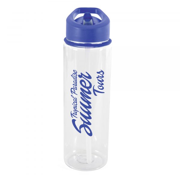 725ml single walled transparent PET plastic drinks bottle with clear straw, fold down sipper and coloured screw top lid. PP plastic lid, AS plastic sipper and PE plastic straw. BPA & PVC free. Available in 10 colours. This product replaces MG0605 & is now made from PET material.