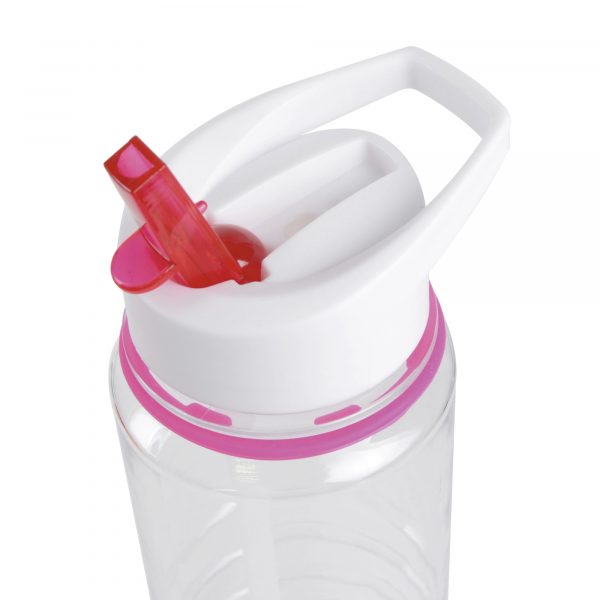 750ml single walled, transparent, PET plastic drinks bottled with white PP plastic lid, clear PE plastic straw, coloured band and AS plastic coloured fold down sip mouth piece. BPA & PVC free. Available in 11 colours. This product replaces MG0606 & is now made from PET material.