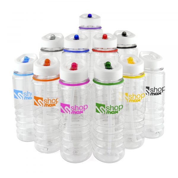750ml single walled, transparent, PET plastic drinks bottled with white PP plastic lid, clear PE plastic straw, coloured band and AS plastic coloured fold down sip mouth piece. BPA & PVC free. Available in 11 colours. This product replaces MG0606 & is now made from PET material.