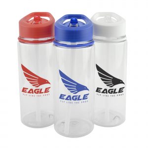 550ml single walled PET plastic transparent drinks bottle with clear PE plastic straw, fold down AS plastic sip mouth piece, coloured PP secure screw top lid. BPA & PVC free. Available in red, white and blue. This product replaces MG0705 & is now made from PET material.