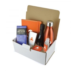 A deluxe gift set pairing quality branded merchandise with tempting treats. Each set includes the Ashford Plus Bottle, Mole Mate Notebook & Pen, Flat Power Bank, Rectangular Mint Tin, 50ml Hand Sanitiser, Prosecco and a luxury chocolate Bar.