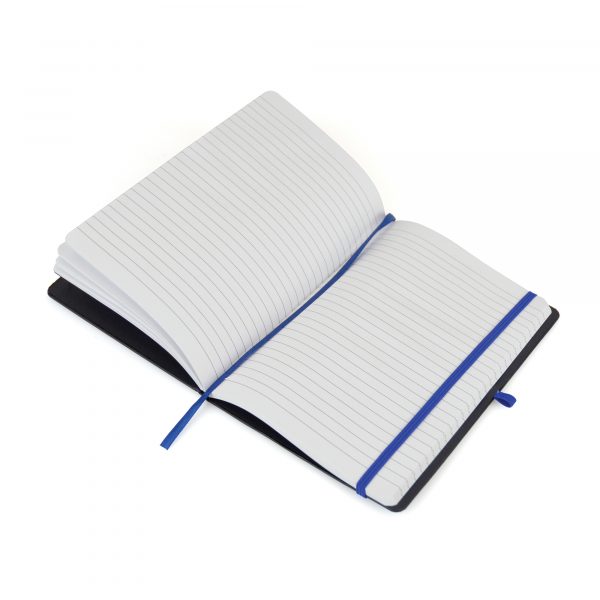 A5 black notebook with 90 white lined pages and coloured bookmark, pen loop and elastic closure.