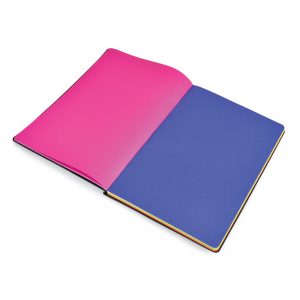 A5 black PU cover notebook wit 90 coloured, plain sheets split over 6 colours; red, orange, yellow, green, blue, purple.