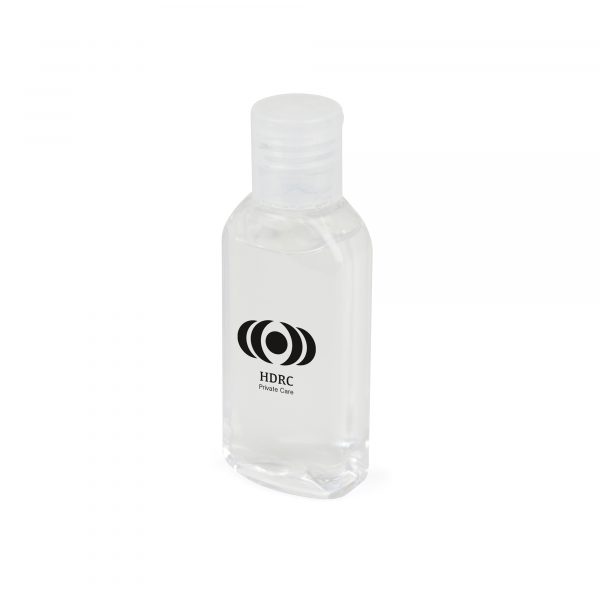 50ml instant hand sanitiser in a clear PET plastic bottle with a secure push down lid. Includes branded bottle label. Contains 62.5% alcohol.