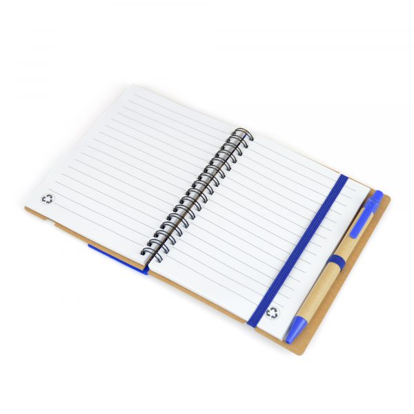 3 in 1 wire bound notebook with 70 lined sheets housed in a natural card cover with elastic closure. Includes pen, 25 sticky flags and integrated ruler.