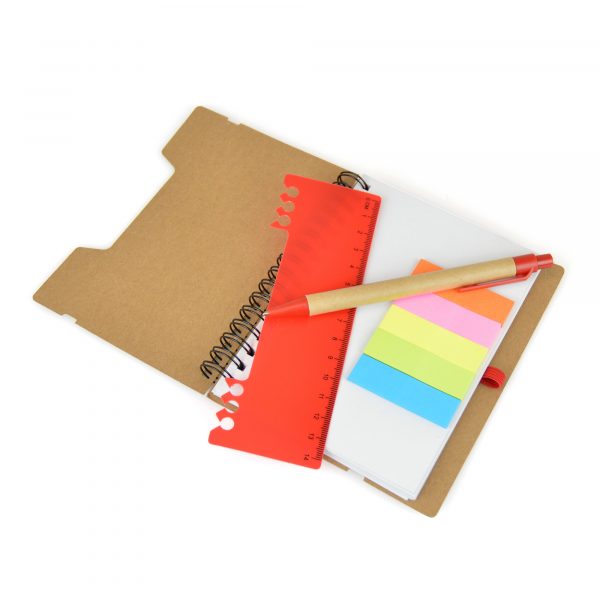 3 in 1 wire bound notebook with 70 lined sheets housed in a natural card cover with elastic closure. Includes pen, 25 sticky flags and integrated ruler.