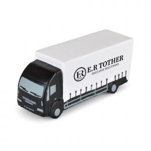 Lorry shaped PU stress toy with coloured cab, wheels and other detailing. Printed available on either side or on top.