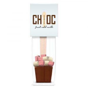 Hot chocolate on a spoon with mini marshmallows. Branded with a full colour card tab.