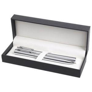 Hi-Line gift box containing the Hi-Chrome Ball Pen and Roller Pen. Pens are engrave only.