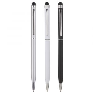 An elegant, slim twist action ball pen with soft stylus at one end for use on soft touch devices.