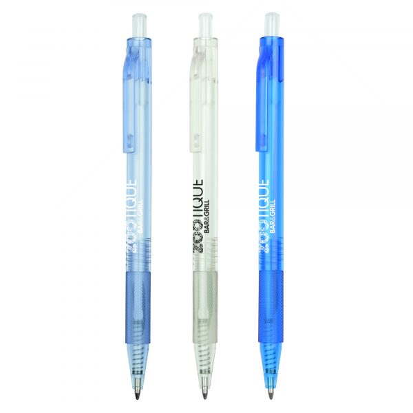 A pen made from recycled plastic bottles (Rpet). Produced in several colours with pre-printed text - "Recycled PET"