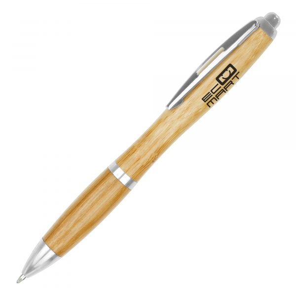 A stylish ball pen in a curvy shape with barrel parts made from bamboo from a sustainable source.