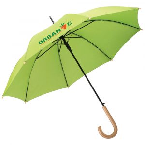 Sustainable automatic walking umbrella with cover material made of recycled plastics with auto opening function. Includes wooden crook handle and available in 6 colours